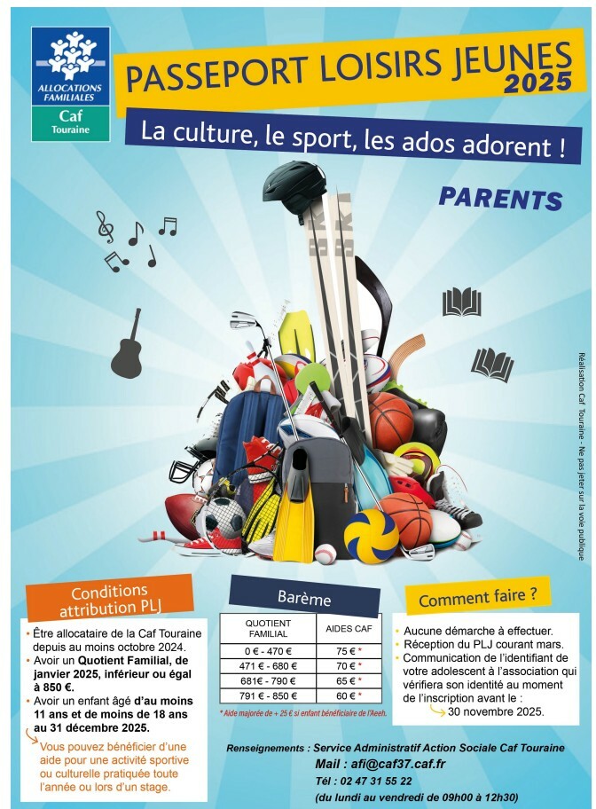 LE PASSEPORT LOISIR JEUNE - une participation de la CAF de 50€/enfant pour les inscriptions sportives